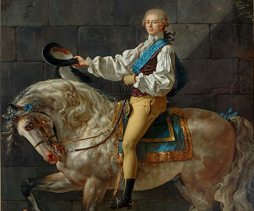 Portret przedstawia Stanisława Kostkę Potockiego – polskiego generała i polityka, siedzącego na koniu.  Obraz jest kompozycją dynamiczną, o czym może świadczyć ruch konia, pobudzonego przez ujadającego psa. Widoczna jest tu dominacja rysunku nad kolorem, miękki modelunek światłocieniowy i statyczność kompozycji.