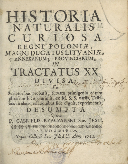 Karta ze starej księgi. Jest to strona tytułowa z dzieła G. Rzączyńskiego „Historia naturalis Regni Poloniae”.