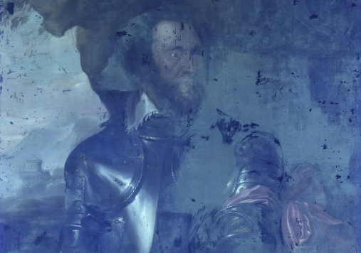 Portret mężczyzny z brodą w zbroi spoglądającego w prawą stronę.